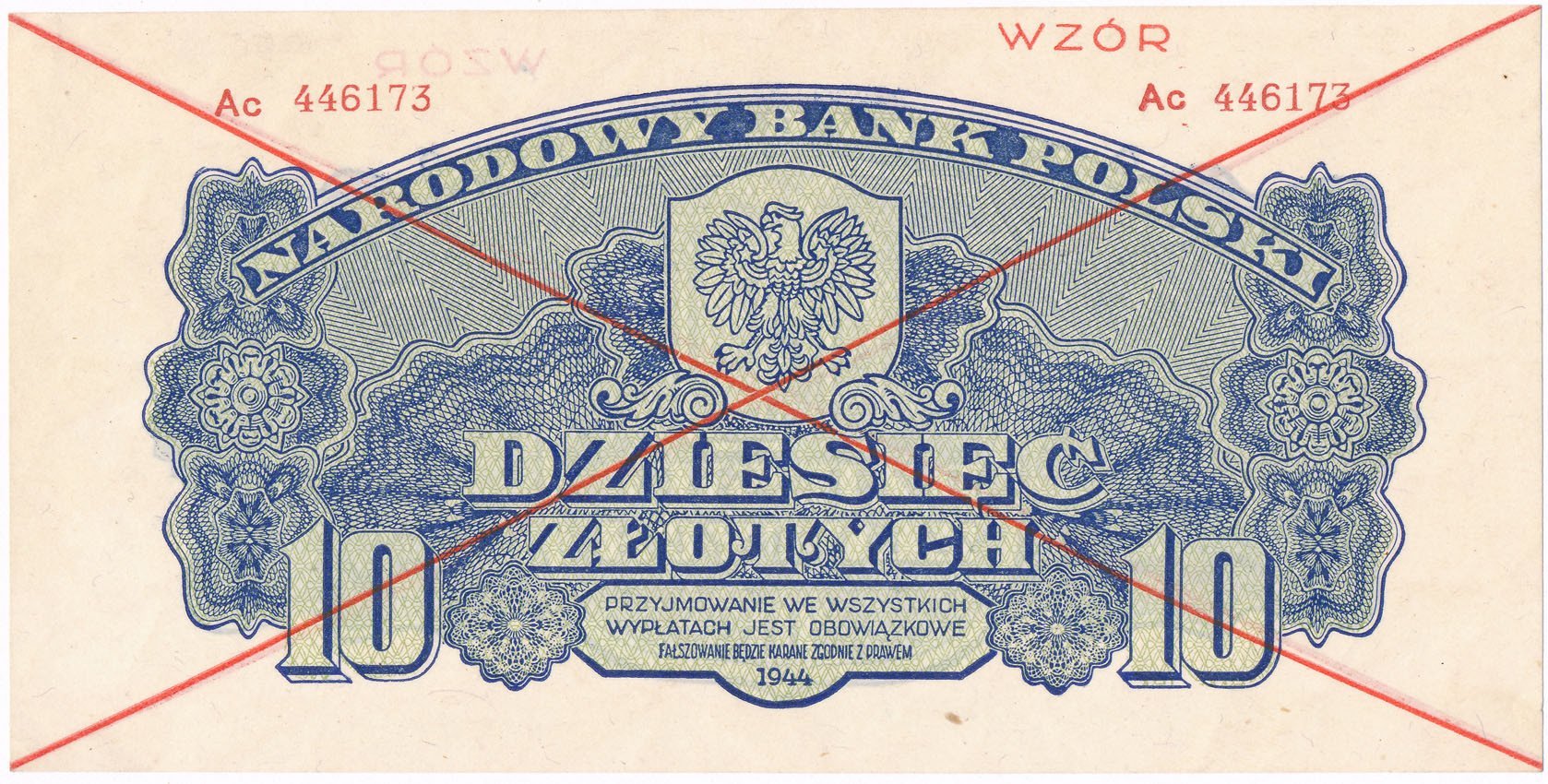 WZÓR. 10 złotych 1944, RZADKOŚĆ (R5)
